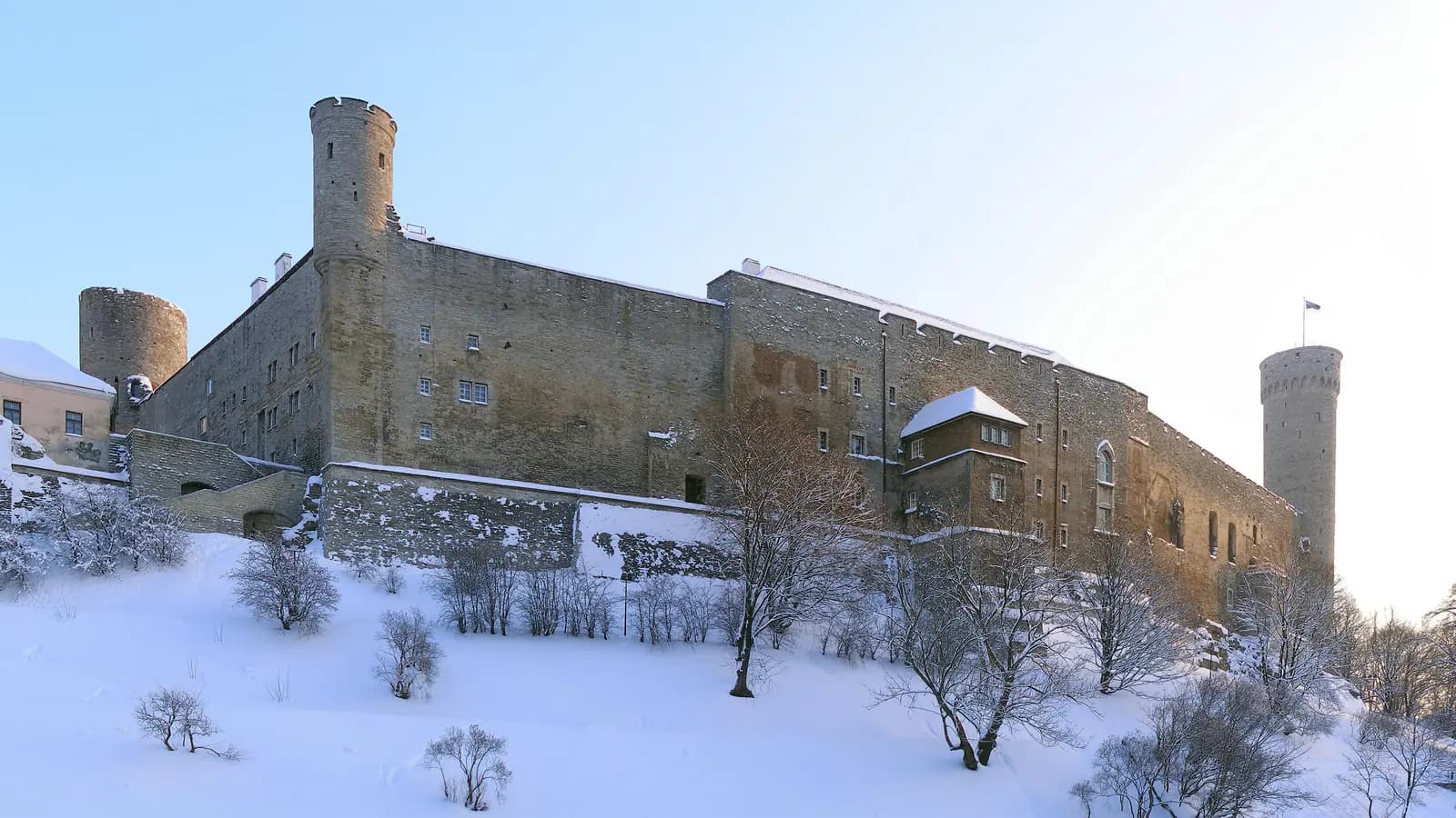 The stone walls and towers of Toompea Castle in Tallinn, Estonia, photographed in January 2010