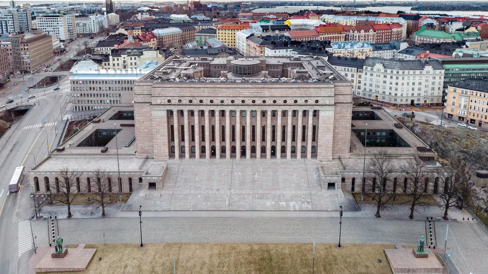 Aerial view of Finland's Parliament House and its stone steps in Helsinki in March 2020