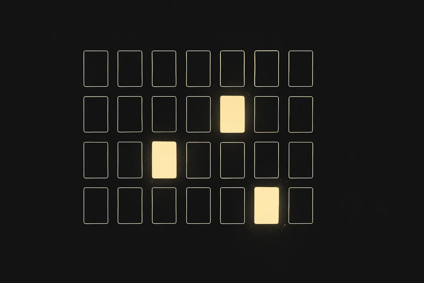 A grid of small outlined rectangles on black, four lit from within in gold