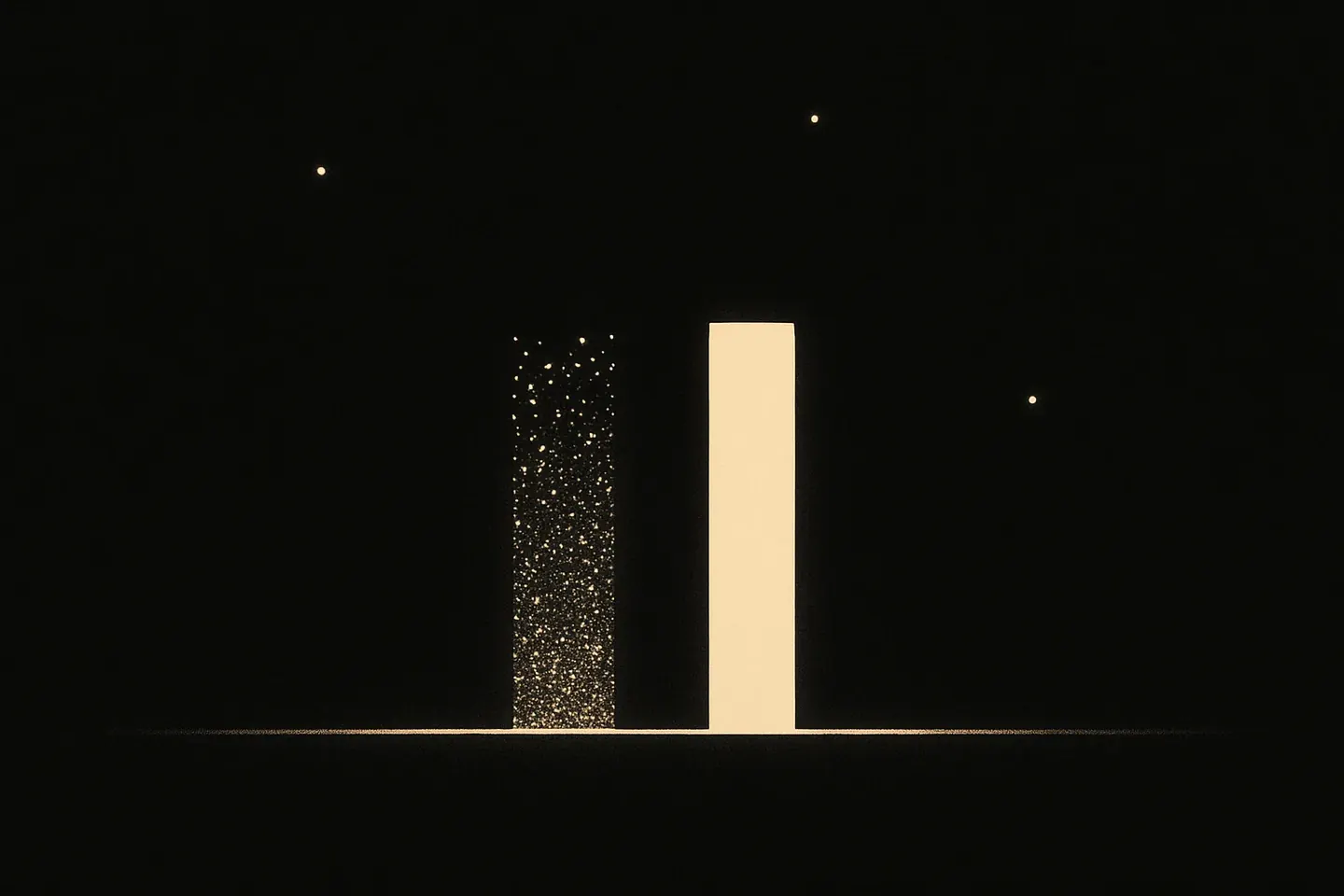 Two thin gold bars of equal height side by side on black, one made of scattered points of light and one solid