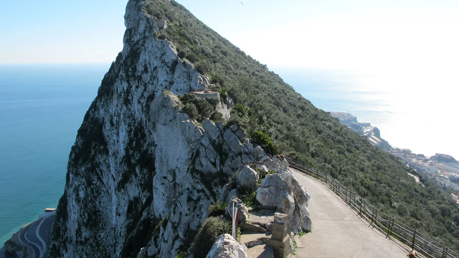 The limestone ridge of the Rock of Gibraltar seen from its upper slopes, with the sea below