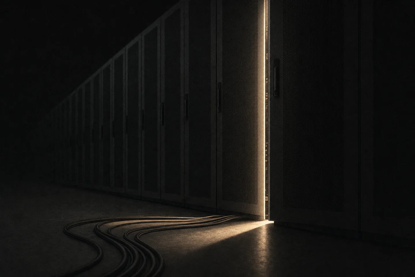 A row of dark network cabinets recedes into shadow; one door is closing on a thin line of gold light, with cables running to it