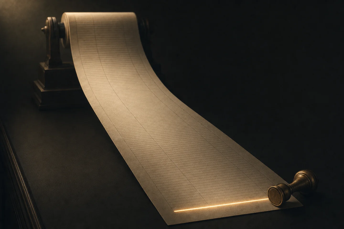 A long ruled register unrolls across a dark desk; its last line glows gold beside a brass stamp