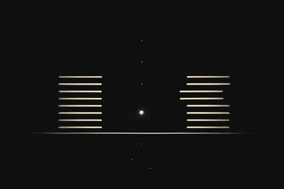 Two short stacks of thin gold lines facing each other across a narrow gap, with one tiny glowing point inside the gap on black