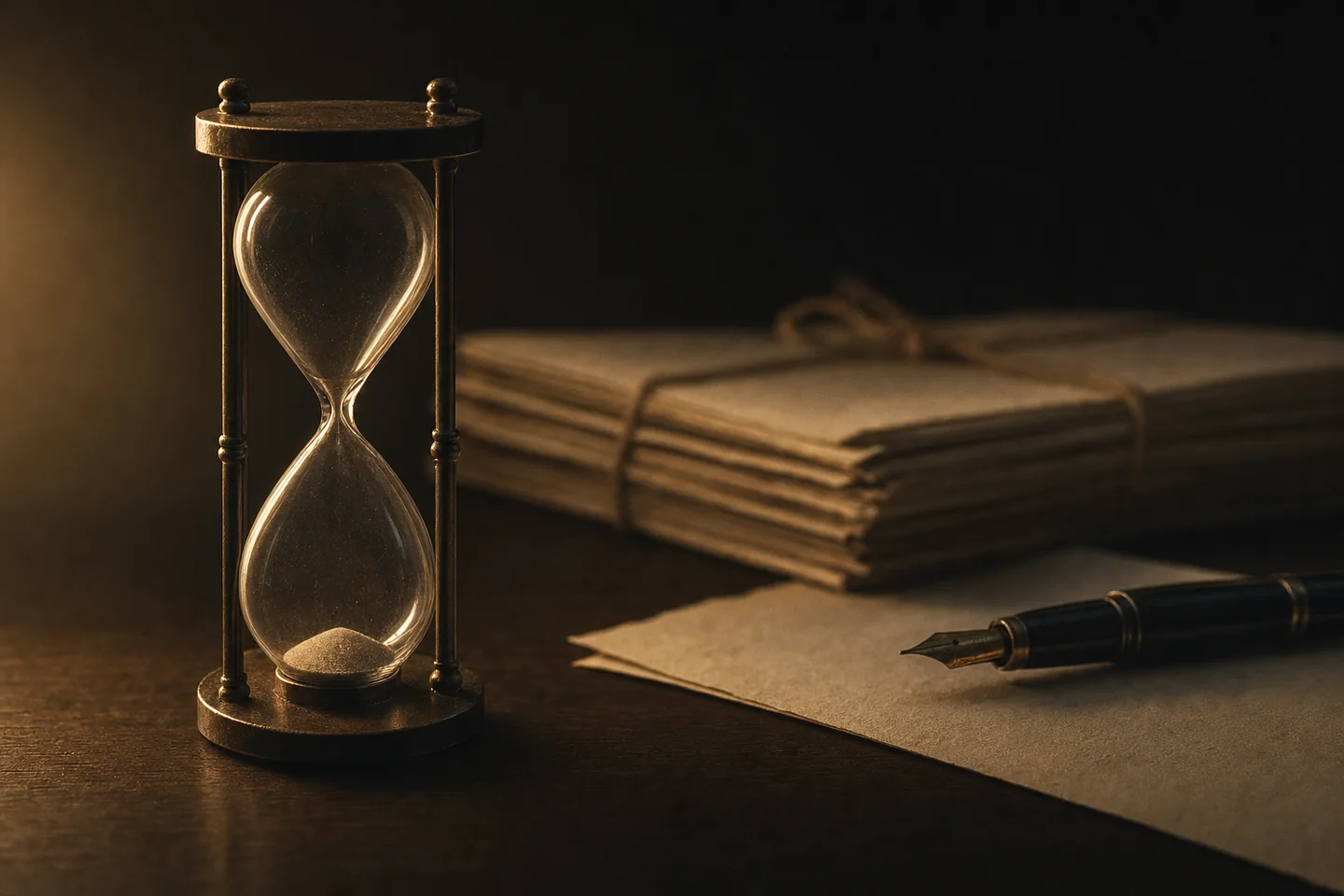 An hourglass with its sand run out stands on a dark desk beside tied gazette papers and an unsigned document
