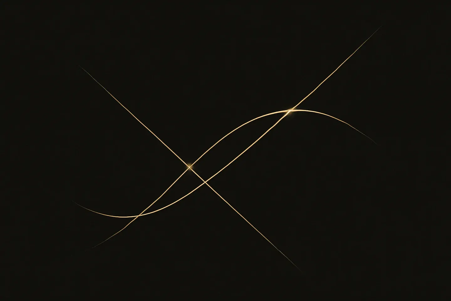 A faint diagonal line crossed twice by a gently bending gold curve on black