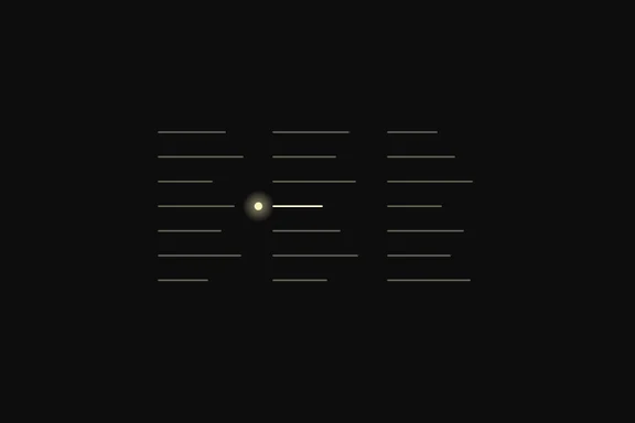 Rows of short cream-gold rules on black, like entries in a ledger, with one entry marked by a glowing point