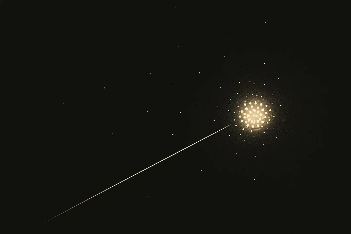 A wide scatter of faint gold points and one small dense bright cluster on black
