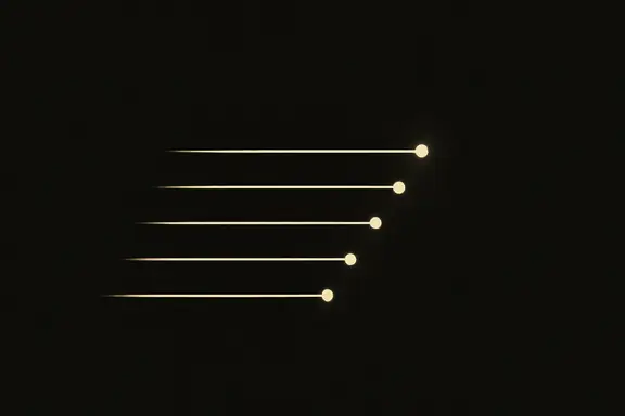 Five thin gold lines stacked at almost the same height, each ending in a small glowing point, their tiny offsets visible on black