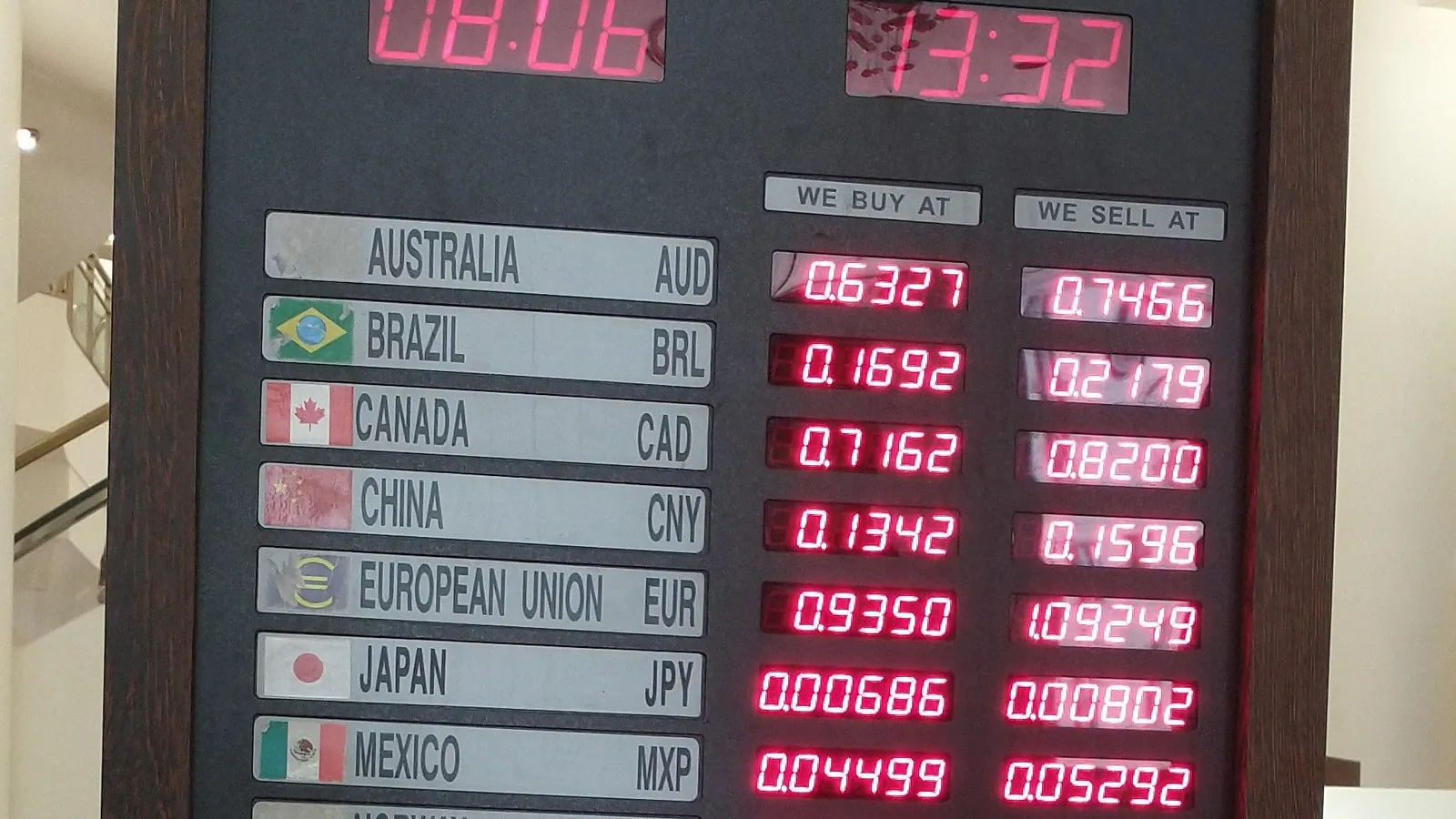 A currency exchange board listing buy and sell rates for the US dollar against eleven currencies