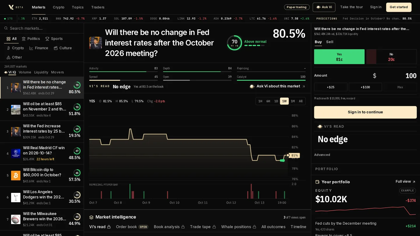 The Markets screen in the Vultax app: a ranked list of Polymarket markets beside one market's price chart, score and paper trade ticket.