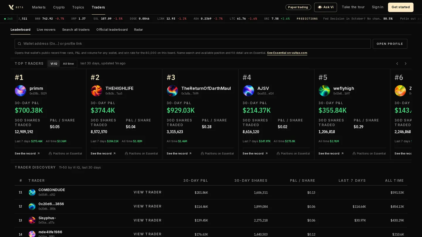 The Traders screen in the Vultax app: a wallet search box above the leaderboard of Polymarket traders with their 30-day P&L.